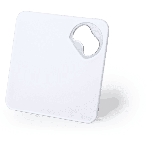 A white square coaster with a bottle opener cutout in one corner. It includes a logo on the surface.