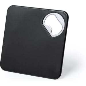 A black coaster featuring a metallic bottle opener cutout in the corner, suitable for home use.