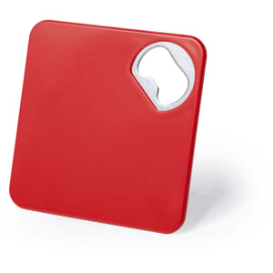 A red square coaster with a bottle opener cutout, featuring a sleek design and a smooth finish.