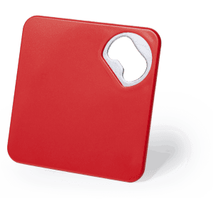 A red coaster featuring a bottle opener cutout, with a sleek square design and a logo present.