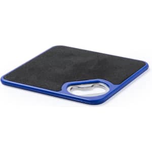 A blue coaster featuring a drink bottle opener, with a textured black surface and a rounded cut-out for opening bottles.