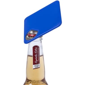 A blue drink bottle opener coaster is positioned on top of a beer bottle, featuring a compact design and integrated bottle opener.