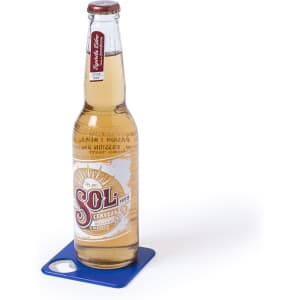 A drink bottle sits on a blue coaster with an integrated bottle opener, featuring a logo.