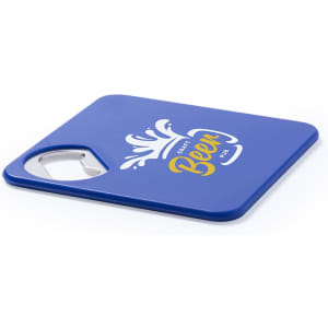 A blue coaster with a bottle opener feature, decorated with a design related to beer and a branding logo.