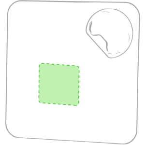 A white coaster with a green square design and a bottle opener feature in one corner. It has a simple shape.