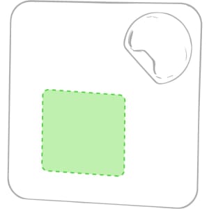 A drink coaster in white with a green square section and an integrated bottle opener. It features a simple design.
