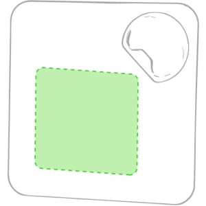A square coaster in light green with a rounded corner and a bottle opener feature, including a logo.