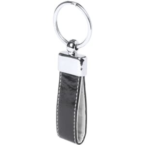 A black keyring with a shiny metal attachment and a textured strap, featuring a branding logo.