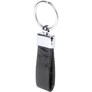 A black keyring with a shiny silver metal attachment, featuring a sleek design. The keyring has a logo on it.