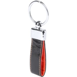A black and red keyring with a chrome-finished attachment and a smooth, glossy finish.