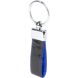 A keyring featuring a sleek black and blue design with a shiny chrome attachment.