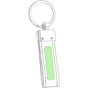 A green and silver keyring featuring a sleek design with a circular attachment. It includes a branding logo.