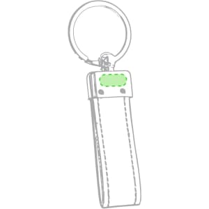 A silver keyring with a green accent and a strap, featuring a simple design and a branding logo.