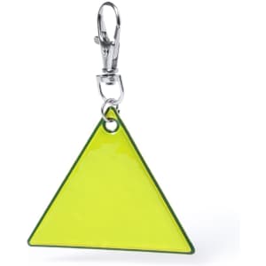 A green triangular keyring with a shiny finish and a metal clip for attachment.