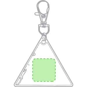 A triangular keyring with a clip attachment, featuring a blank green square area for custom branding.