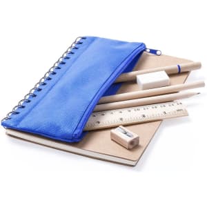 A blue notebook with a zippered pouch containing pens, a ruler, an eraser, and a sharpener on a flat surface.