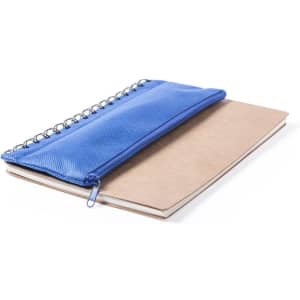 A blue spiral-bound notebook with a textured cover and an attached pouch for storing items.