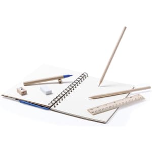 A Mosku Notebook with a spiral binding, accompanied by a pencil, pen, eraser, sharpener, and ruler, all in natural tones.