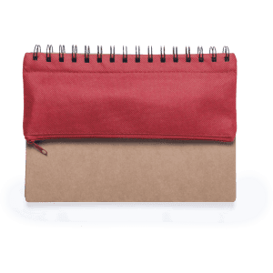 A notepad with a red cover and a natural cardboard base, featuring a spiral binding at the top.