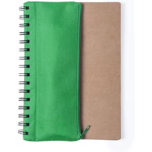 A green notebook with a zippered pouch on one side and a brown cover. Features a spiral binding.
