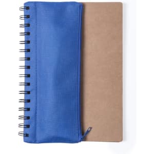 A blue notebook with a zippered pouch and spiral binding, featuring a plain cardboard cover.