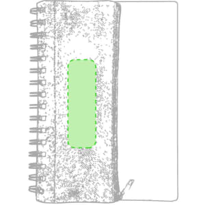 A spiral-bound notebook with a textured cover, featuring a green rectangular section and a logo.
