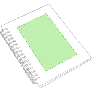 A spiral-bound notebook with a white cover and a green rectangular design on the front. It features a logo.