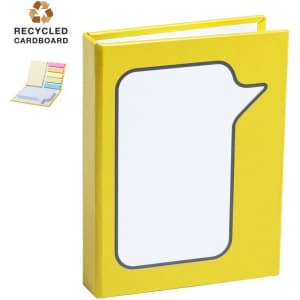 A yellow sticky notepad with a speech bubble design, made from recycled cardboard. It includes multiple pastel notepad sections.