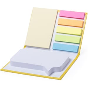 A sticky notepad in yellow, featuring various coloured sticky notes and a white notepad shaped like a speech bubble.