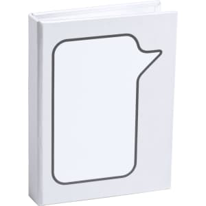 A white sticky notepad featuring a speech bubble outline on the cover, with a simple design and a logo.