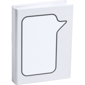 A white notepad featuring a speech bubble design, encased in a simple cover with an outline.