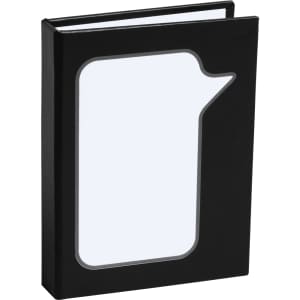 A black notepad with a unique speech bubble design on the cover, featuring blank pages inside.
