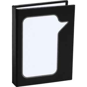 A black notepad with a speech bubble design, featuring a white interior and a minimalist aesthetic.
