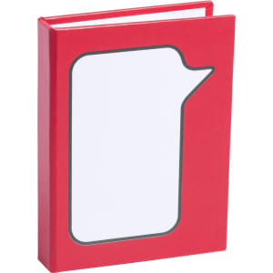 A red sticky notepad with a speech bubble shape cutout on the cover, featuring a logo.