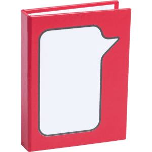 A red sticky notepad with a speech bubble shape, featuring a white interior and a simple design.