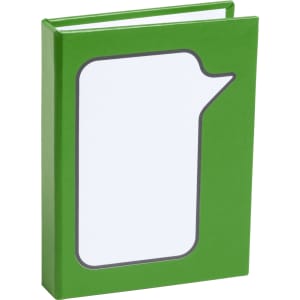 A green notepad featuring a speech bubble design on the cover, with blank pages inside. It has a logo on the front.