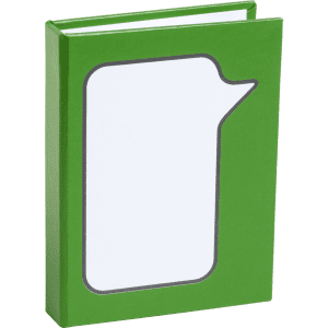 A green sticky notepad featuring a speech bubble design on the cover. The notepad has a logo on it.
