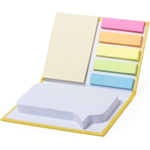 A sticky notepad with a yellow cover, featuring pastel-coloured tabs and a white notepad in a speech bubble shape.