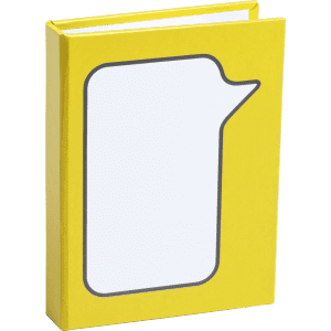 A yellow sticky notepad with a speech bubble design on the cover. It has a logo on the front.