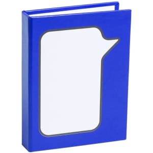 A blue notepad with a speech bubble cut-out design on the cover, featuring a logo.