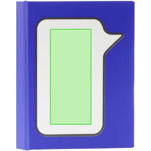 A blue sticky notepad featuring a speech bubble design on the cover with a green notepad section.