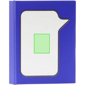 A blue notepad with a speech bubble design and a white surface for notes or reminders. It features a branding logo.