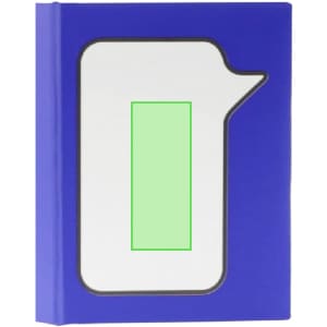 A blue sticky notepad with a speech bubble design, featuring a blank area in the centre. It has a logo on the cover.