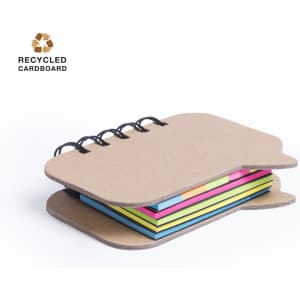 A notepad featuring a recycled cardboard cover with colourful sticky notes in pink, yellow, green, and blue. It has rings.