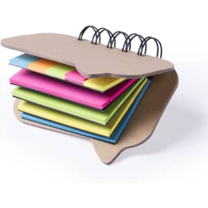 A sticky notepad with a speech bubble design, featuring vibrant pink, green, yellow, and blue notes. It has a wire binding.