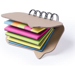 A notepad with a cardboard cover featuring multiple layers of sticky notes in pink, green, yellow, and blue.