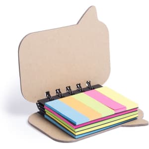 A sticky notepad with a speech bubble shape, featuring vibrant pink, yellow, green, and blue notes, held together by black clips.