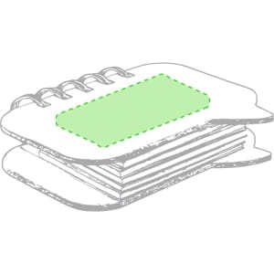 A notepad with a green sticky note feature, bound with a spiral. It has a playful speech bubble shape.