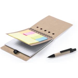A sticky notepad set featuring brightly coloured sticky notes, a notepad, and a black pen in a kraft cover.