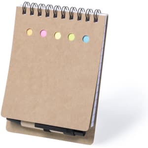 A notepad with a spiral binding, featuring a cardboard cover and five colourful sticky note flags.